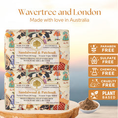 Wavertree & London sandalwood-patchouli soap bar close-up shows luxurious glycerin-rich cream for moisturizing skin.