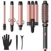 Wavytalk 5-in-1 curling wand set, rose pink, showing versatile styling options.
