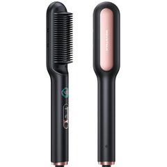 Wavytalk hair straightener brush in rose gold ready for quick, sleek styling.