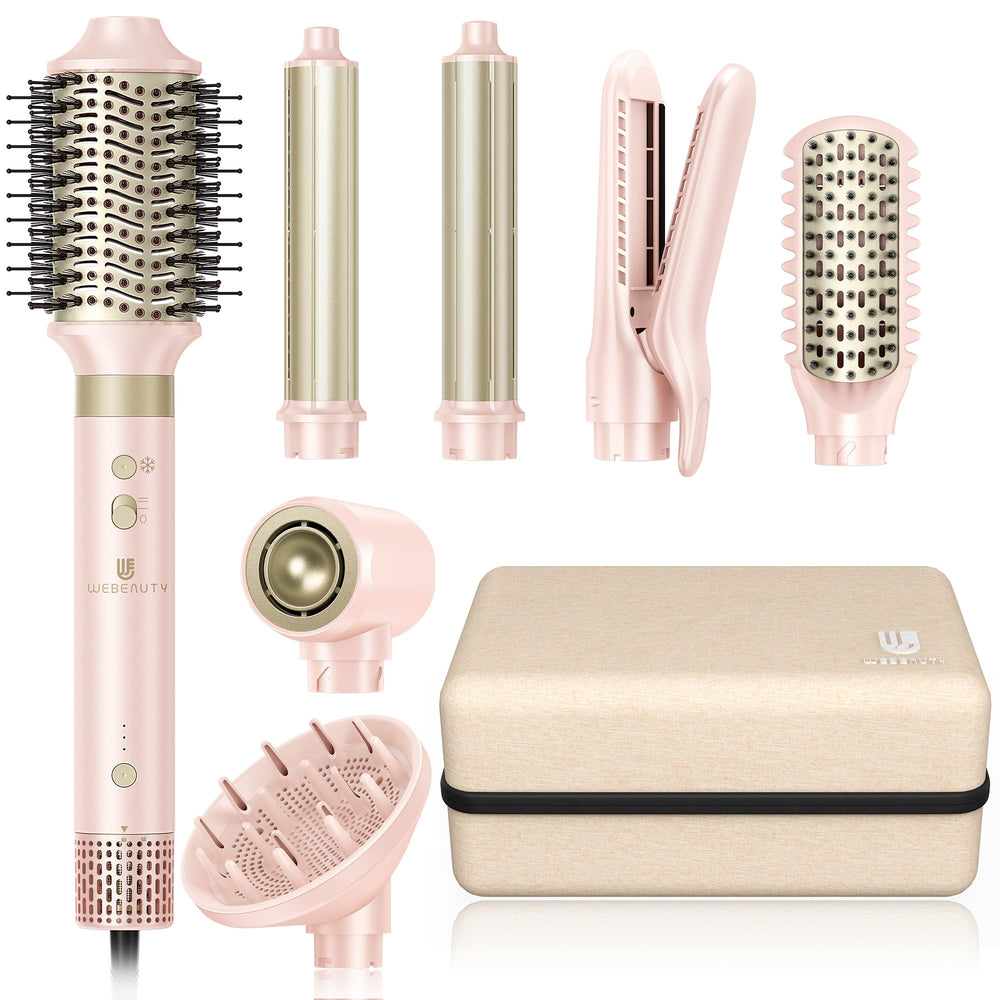 webeauty hair dryer brush 8-in-1 pink shows all-in-one styling for quick mornings.