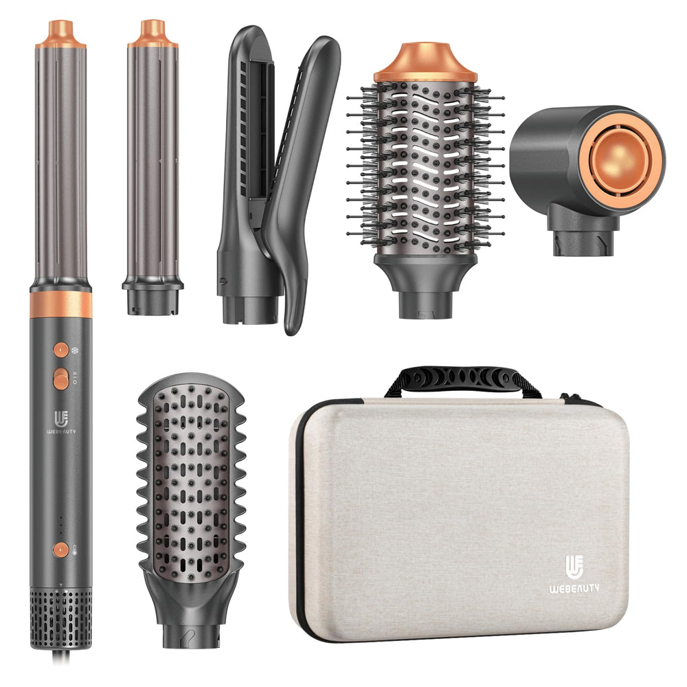 WeBeauty hair dryer brush air styler packaging shows compact, travel-ready design for fast on-the-go styling.