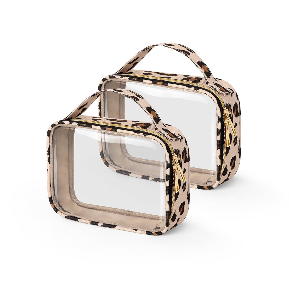 Wedama leopard-print clear toiletry bag front view for quick airport security checks.