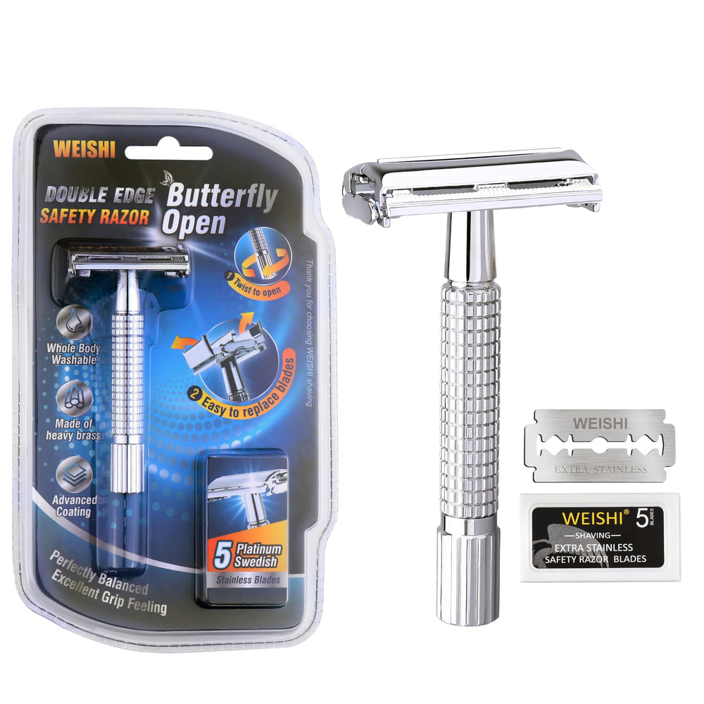 WEISHI butterfly open safety razor chrome short-handle for precise, controlled shaving.