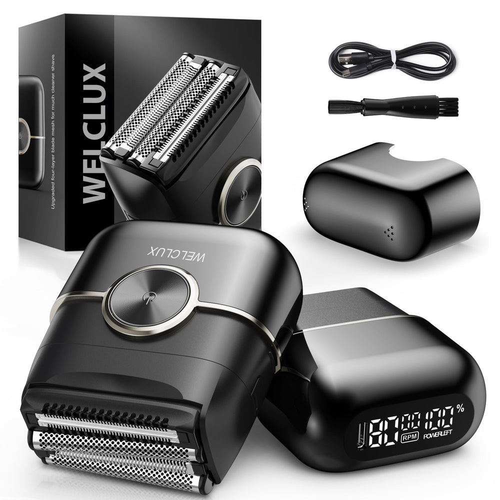 Welclux electric foil shaver front view shows four floating blades for precise, comfortable trimming.