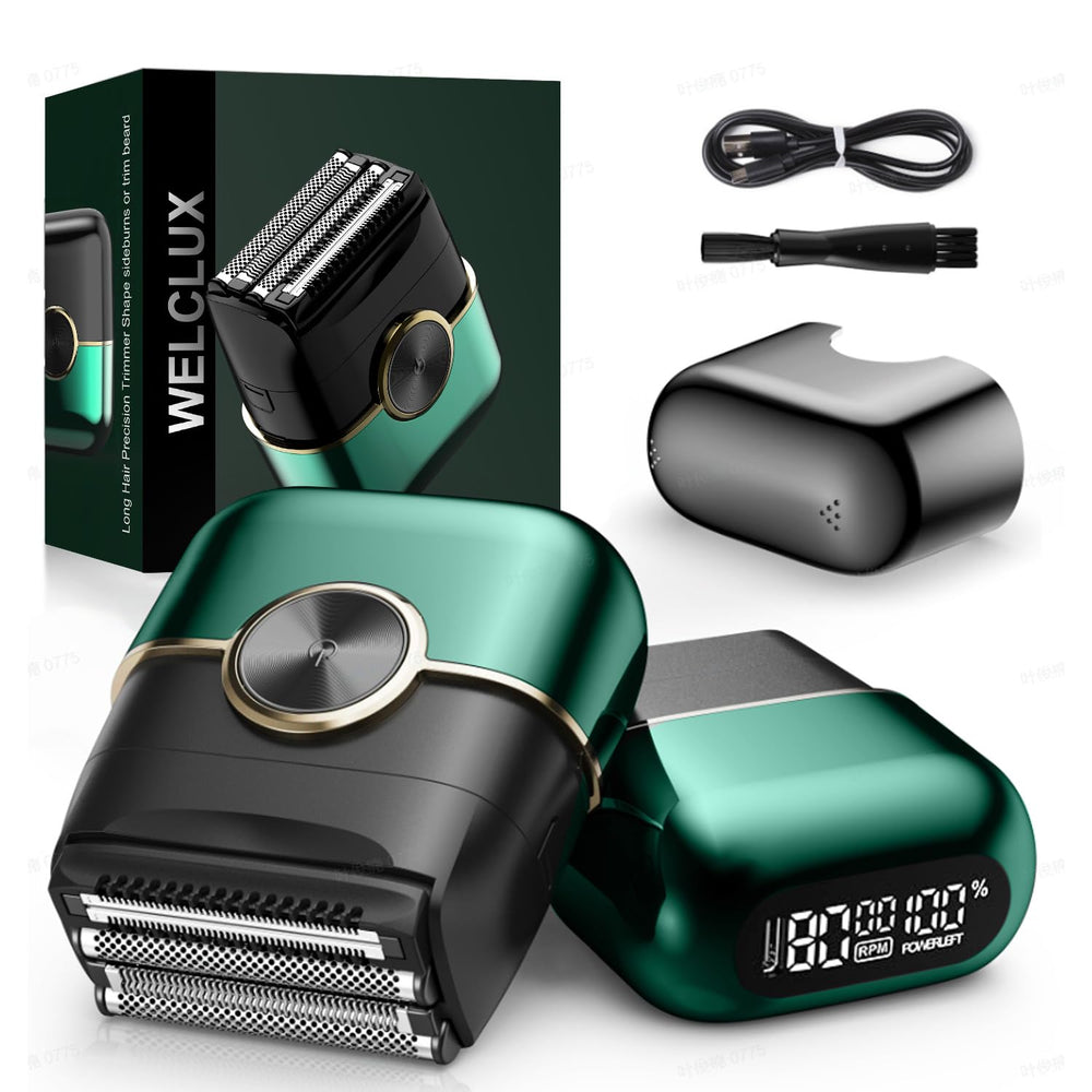 Welclux Royal Green foil shaver front view with compact design for daily on-the-go grooming.