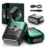 Welclux Royal Green foil shaver front view with compact design for daily on-the-go grooming.