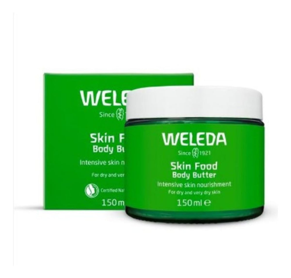 Weleda Skin Food Body Butter jar closeup in sustainable glass packaging for eco-friendly hydration
