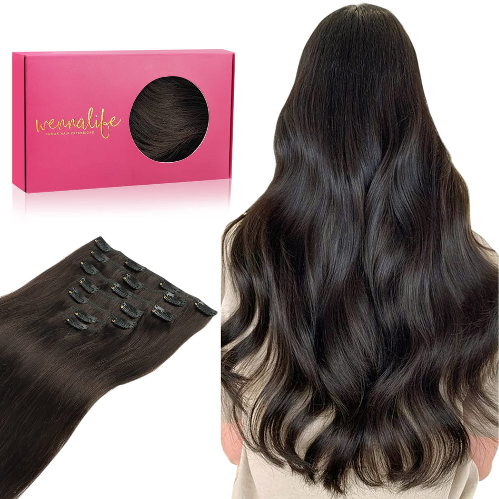 Wennalife clip-in hair extensions dark brown weft close-up for natural shine.