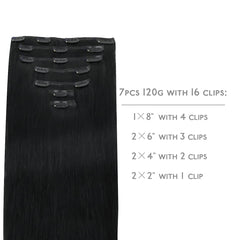 Wennalife clip-in hair extensions jet black weft closeup shows smooth texture and shine