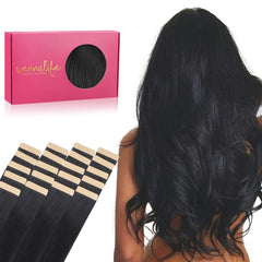 Wennalife tape-in extensions close-up highlights jet-black Remy hair with natural shine.