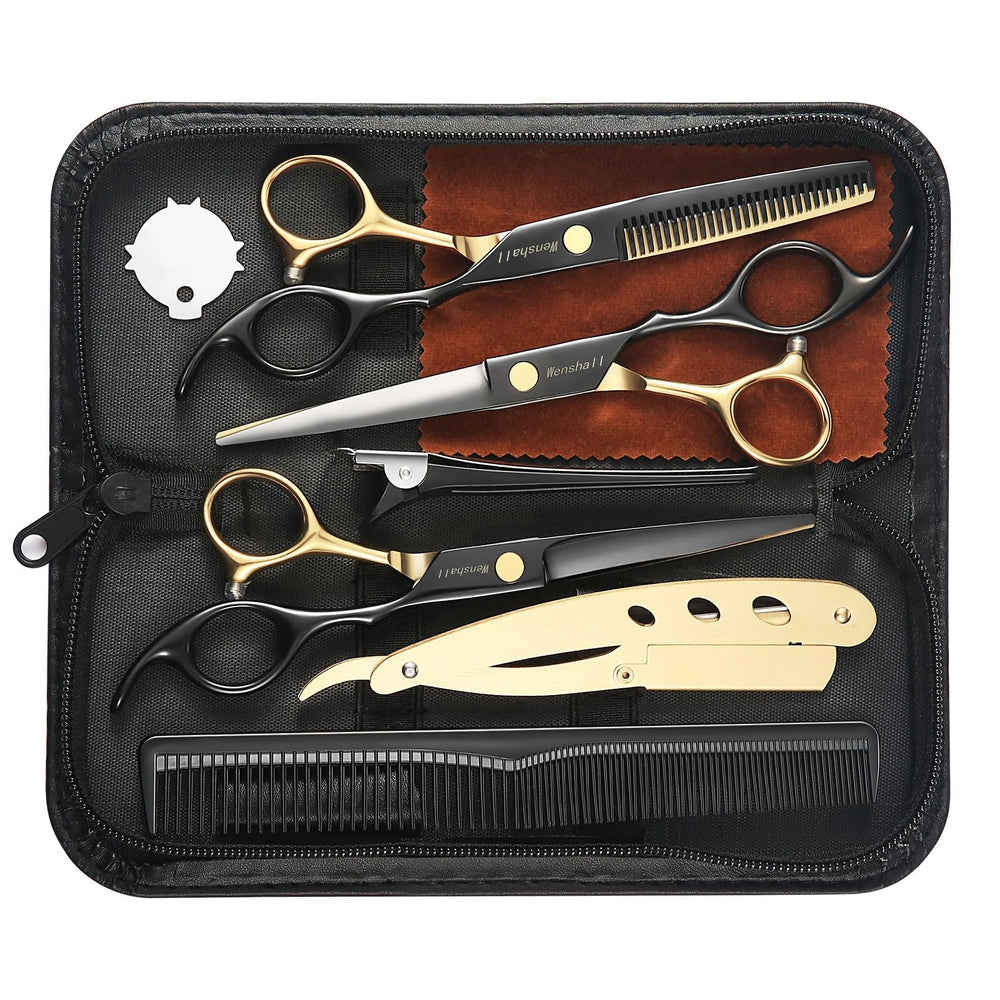 Wenshall Professional Black Gold Hair Scissors held for precise control on wet or dry hair.