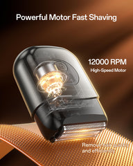 WEQOEE electric razor motor close-up showing 12,000 RPM power for quick shaving.