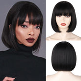 WERD black short bob wig bangs cap closeup for all-day comfort and natural look.
