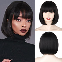 WERD black short bob wig bangs cap closeup for all-day comfort and natural look.