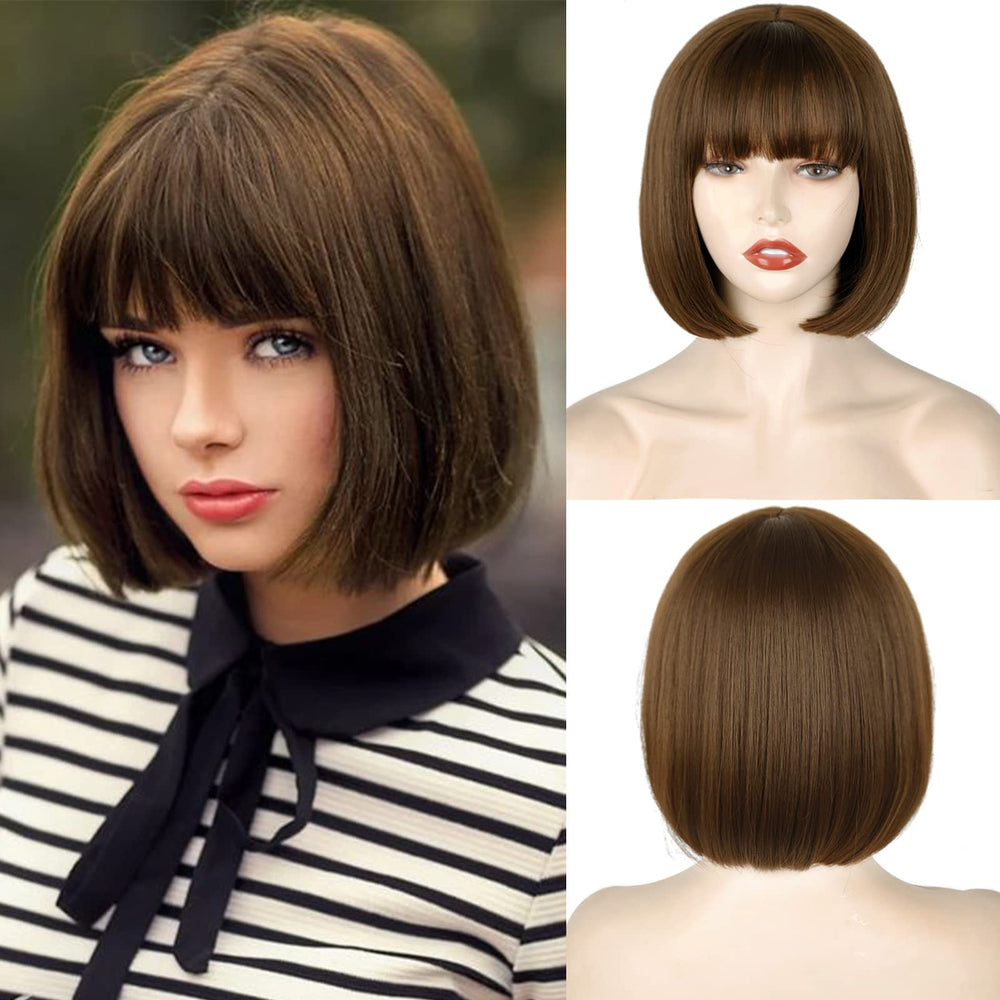 WERD short brown bob wig bangs 10inch on model demonstrates versatile everyday styling for cosplay