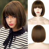 WERD short brown bob wig bangs 10inch on model demonstrates versatile everyday styling for cosplay