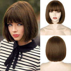 WERD short brown bob wig bangs 10inch on model demonstrates versatile everyday styling for cosplay