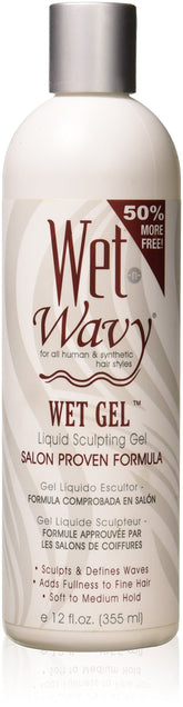 Wet-n-wavy wet gel bottle closeup showing defined waves and hold.