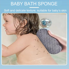 WFWJ gray bath sponge close-up shows large surface area for efficient cleansing.