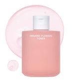 Whamisa Organic Flowers Toner Damask Rose bottle provides light hydration after cleansing.