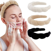 WHAVEL spa headband khaki closeup shows soft absorbent terry for gentle cleansing.