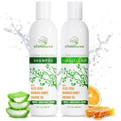 Wild Naturals eczema psoriasis shampoo bottle front for soothing scalp care.
