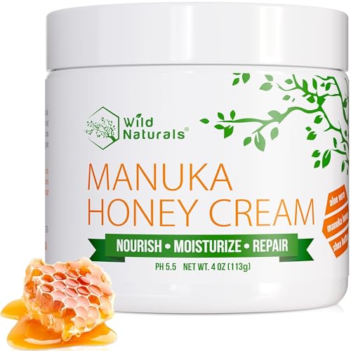 Wild Naturals Manuka Honey Moisturizer jar closeup highlights creamy, nourishing texture for dry skin.