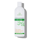 Wild Naturals psoriasis shampoo bottle demonstrates soothing relief with aloe vera and cehami for itchy scalps.