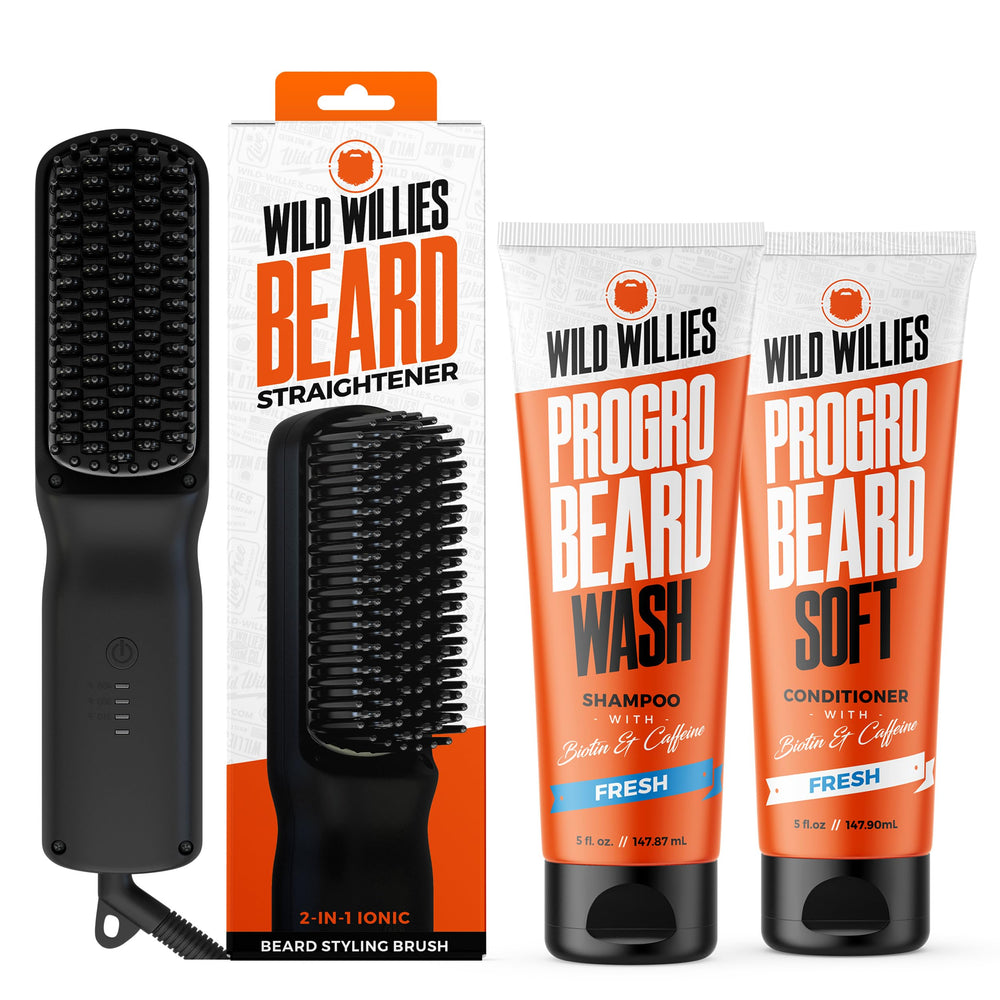 Wild Willies PROGRO shampoo bottle shows hydration-focused beard care for daily use.