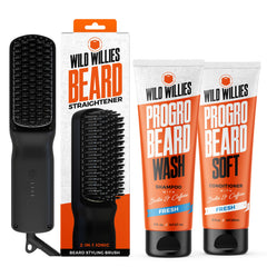Wild Willies PROGRO shampoo bottle shows hydration-focused beard care for daily use.