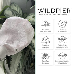 Wildpier exfoliating glove in shower demonstrates convenient bath exfoliation.