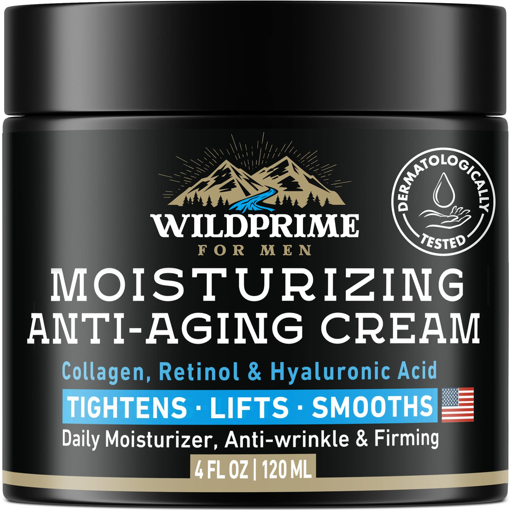 WildPRIME men's face moisturizer bottle shows hydrating cream for daily use