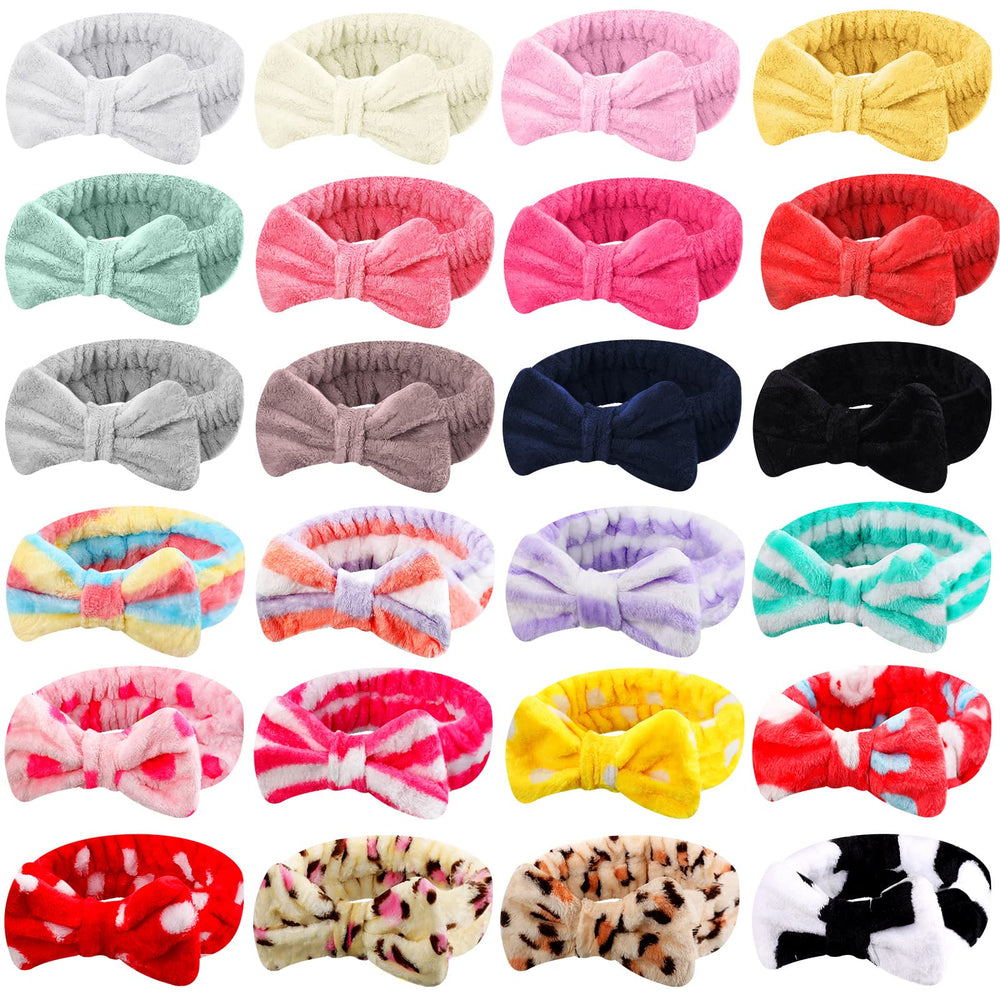WILLBOND 24-piece spa headbands pink bow packaging; bulk kit for stylish skincare mornings.