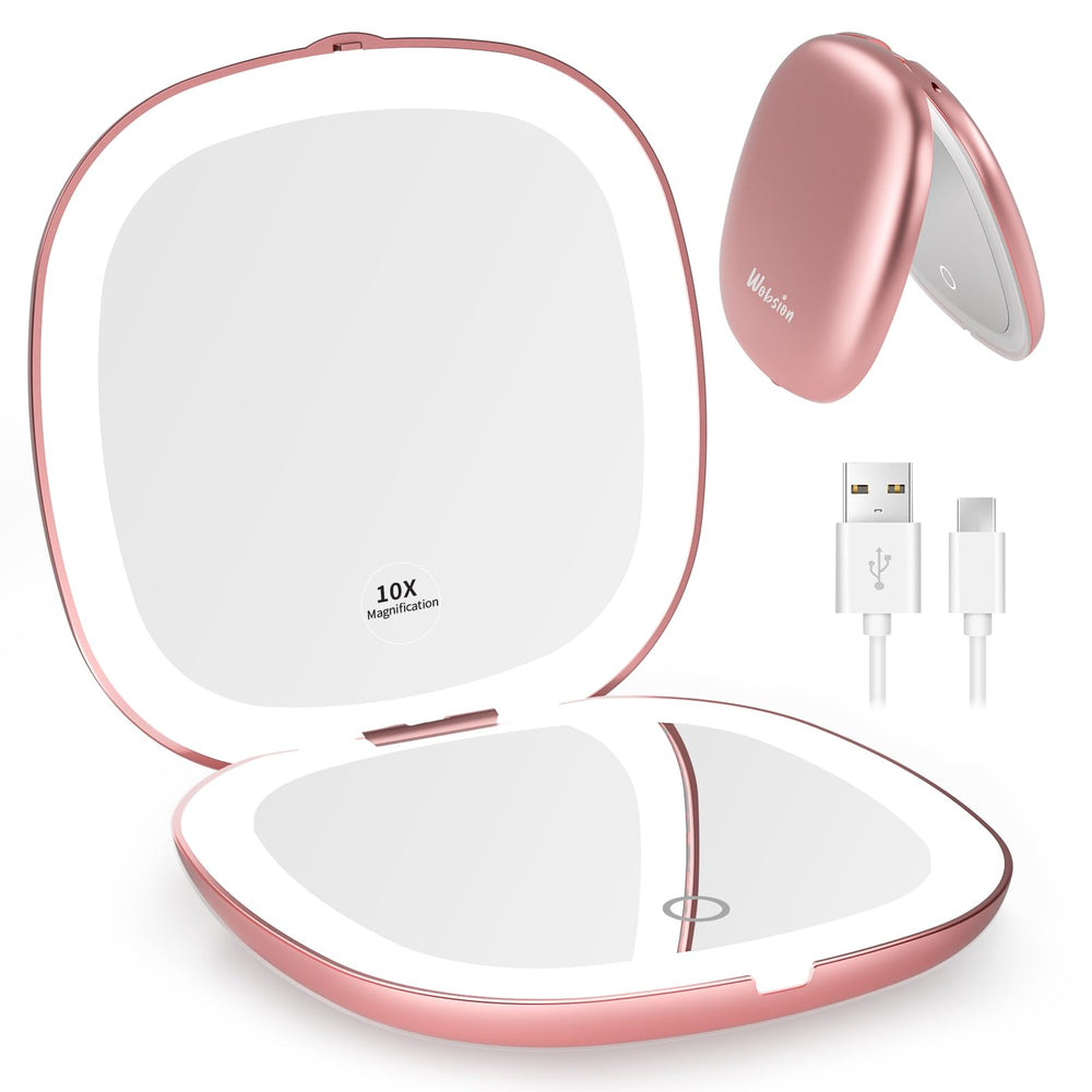 WOBSION rose gold travel makeup mirror opens both sides for precise makeup in any light