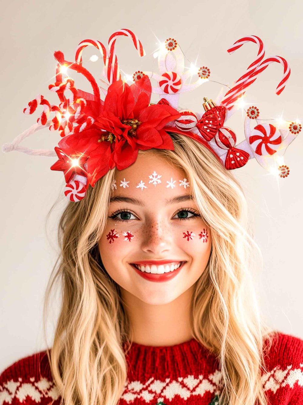 Woeoe LED snowflake headband front view with bright glow for festive events.