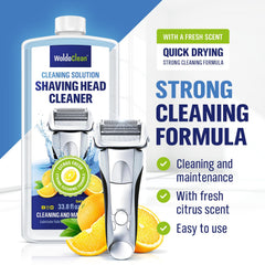 WoldoClean shaver cleaner bottle closeup highlights the 33.8 oz bottle for multiple uses.