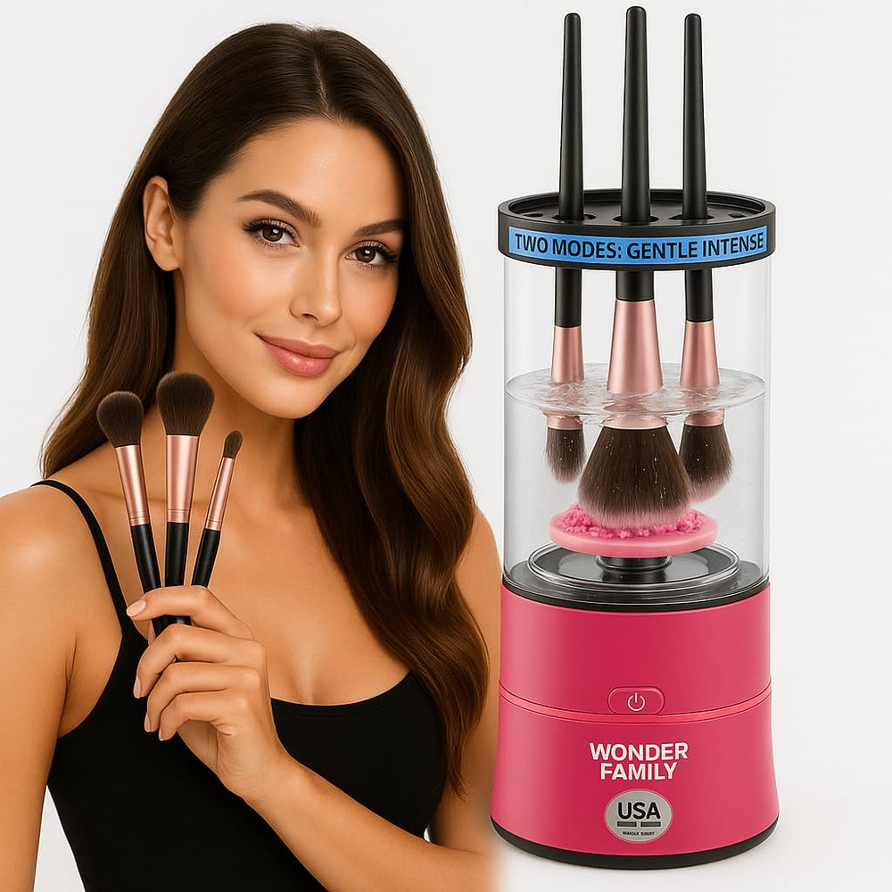 Wonder Family 3-in-1 cleaner-dryer unit on vanity for faster brush refresh.