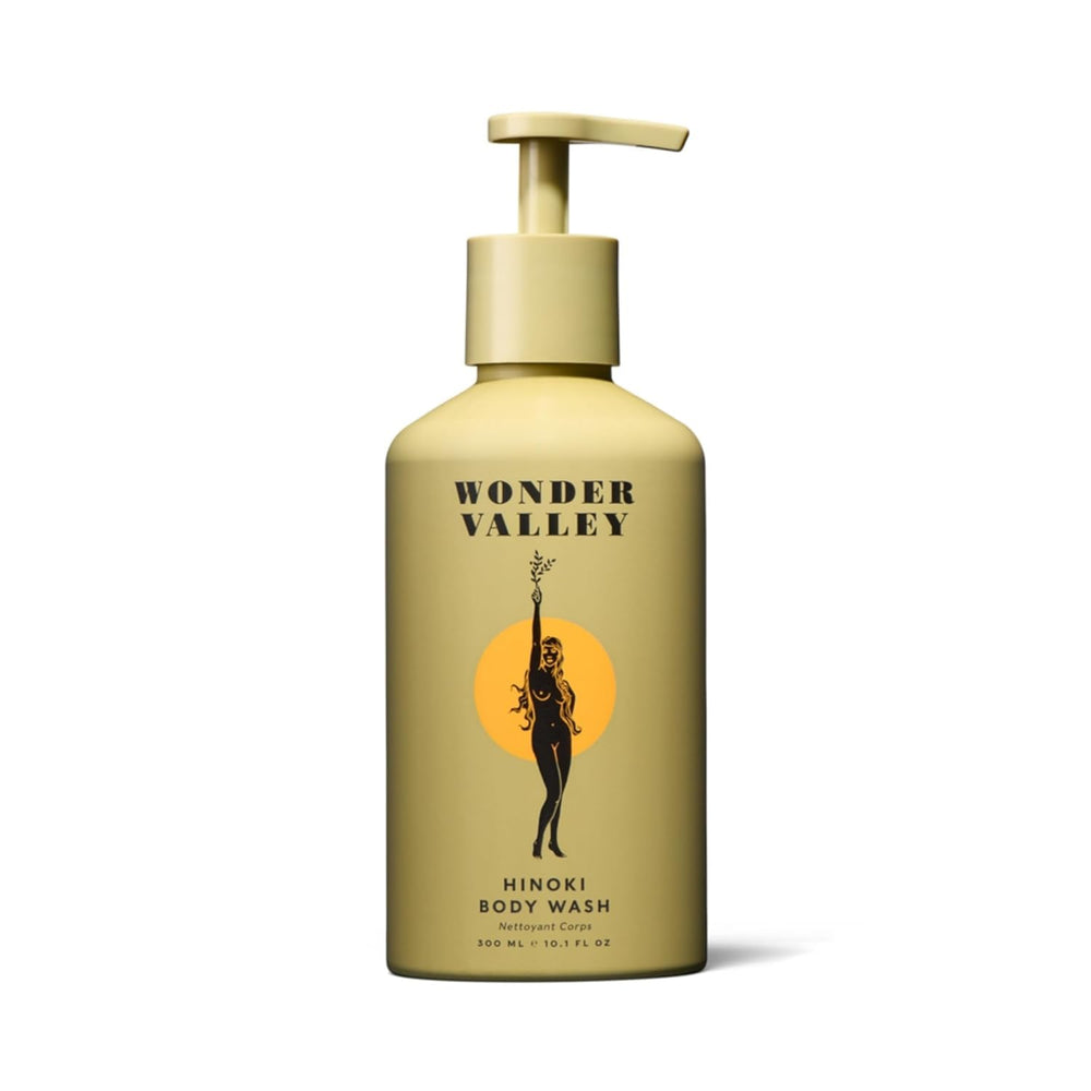Wonder Valley Hinoki Body Wash bottle close-up showing a hydrating formula for all skin types.