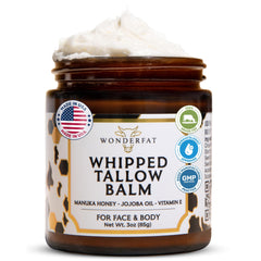 Wonderfat grass-fed whipped tallow balm jar closeup highlighting rich hydration for dry skin.