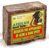 Wonderfully Natural African Black Soap bar packaging showcases ethical Ghanaian craft for skincare.