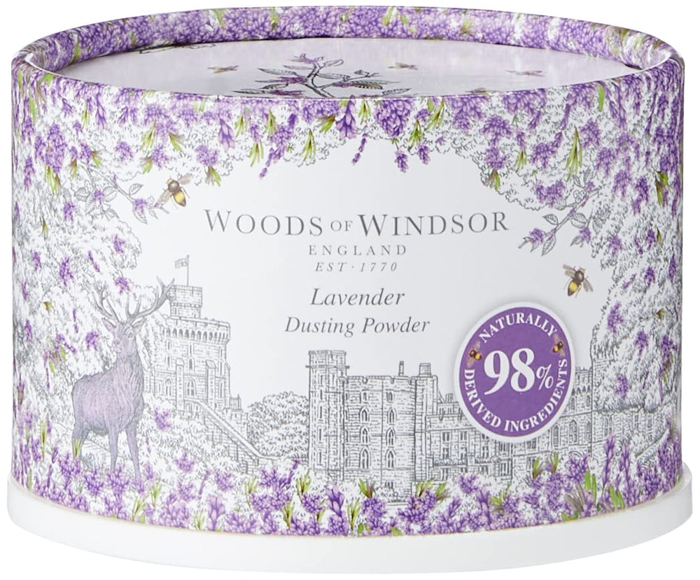 Woods of Windsor lavender body powder puff shown for soft, comfortable skin.