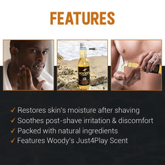 Woody's Aftershave tonic skin-refresh shot demonstrates non-greasy hydration.