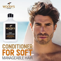 Woody's Daily Hair Conditioner label emphasizes refreshing scalp feel.