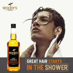 Woodys Daily Shampoo aloe moisture conveys hydrating benefits for softer, refreshed hair.