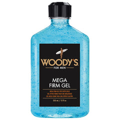 Woody's Mega Firm Hair Gel bottle front view for strong hold all day.