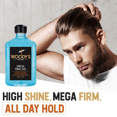 Woody's Mega Firm Hair Gel side-part style demonstrating defined hold.
