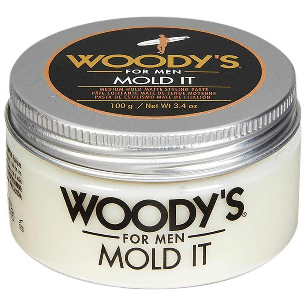 Woodys Mold It Matte Hair Paste jar front promising natural matte finish.