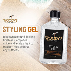 Woody's Styling Gel dispensing action showing quick-dry, non-sticky application.