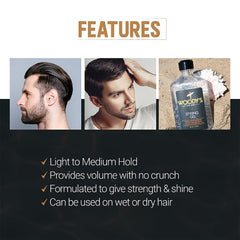 Woody's Styling Gel no-crunch finish on styled hair.