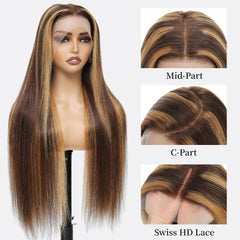 WOOMN highlight wig close-up shows rich honey blonde tones and silky texture.